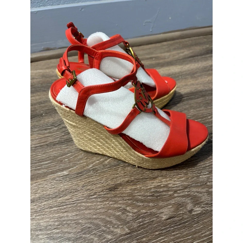 Michael Kors Red‎ Leather Espadrille Wedge Sandals MK Logo Gold Hardware 8M